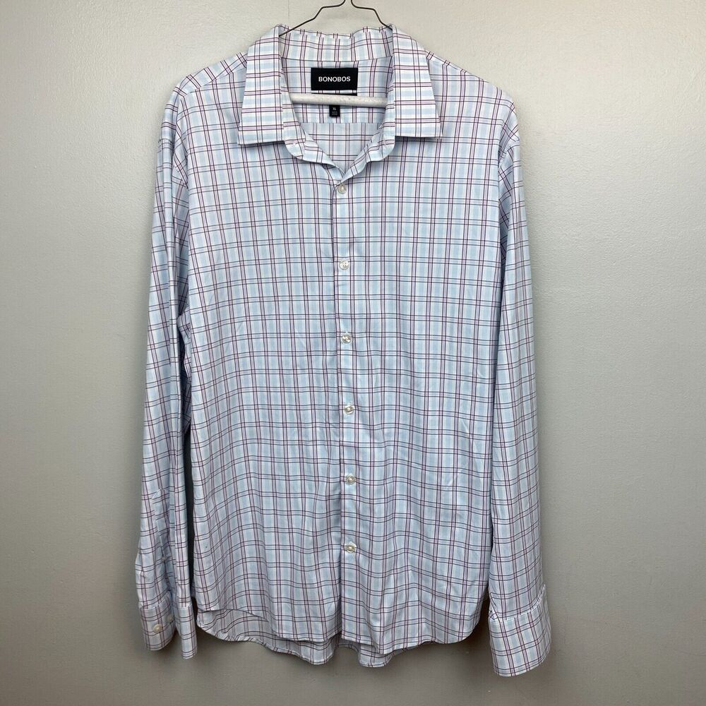Bonobos shirt men's XL blue long sleeve button plaid slim fit lightweight EUC‎